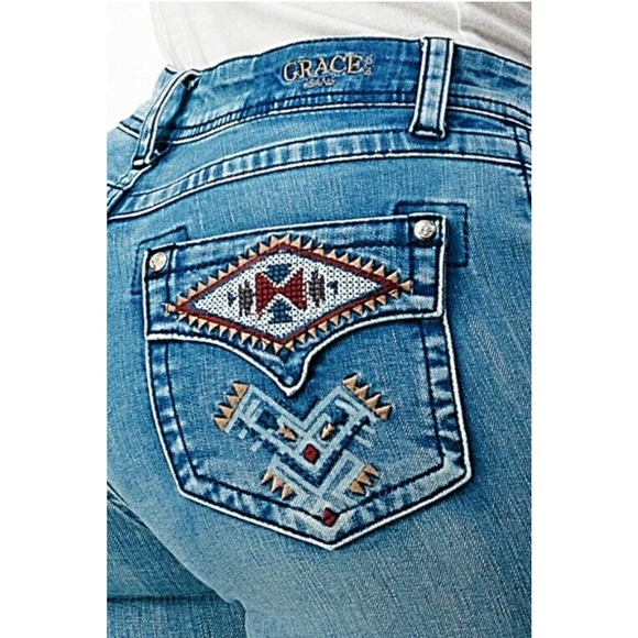 Grace in LA Women's Aztec Embroidered Faux Flap Pockets Bootcut Stretch Jeans